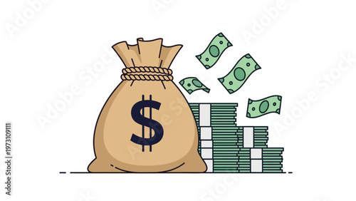Vibrant illustration of a large money bag emblazoned with a dollar sign, surrounded by stacks of banknotes and flying cash, symbolizing wealth, finance, savings, and prosperity.