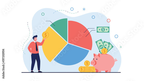 Illustrative vector graphic depicting a businessman analyzing a large pie chart alongside a piggy bank and coins, symbolizing financial planning, budget management, and investment strategies.