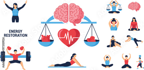 Fitness and Mental Wellness Illustration Set Featuring Brain Balance, Heart Health, Yoga Poses, Strength Training, and Energy Restoration Concepts for Healthy Lifestyle Design
