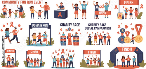 Charity Run and Community Event Illustration Set Featuring Fun Run Participants, Awareness Campaign, Finish Line Celebration, and Social Support Activities for Fundraising Design
