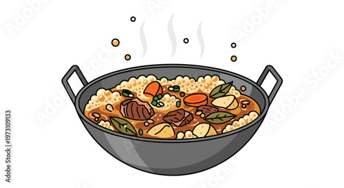 Hearty Stew Simmering in a Wok with Vegetables and Meats, a Comforting Culinary Delight illustration