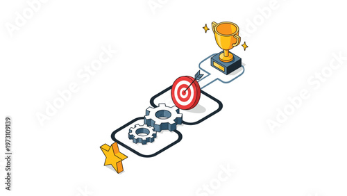 Dynamic isometric illustration outlining a path from a starting star through gears to a target, culminating in a golden trophy, symbolizing strategic goal achievement and successful process.
