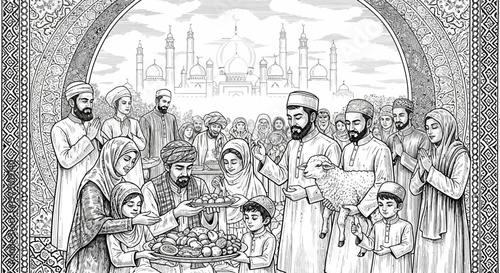 A group of people gather around a table with food in a Middle Eastern cityscape with mosque architecture visible through an archway, featuring adults and children wearing traditional clothing.