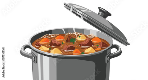 Hearty and Wholesome Stew Simmering in a Pot, Evoking Warmth and Comfort with Delicious Aroma