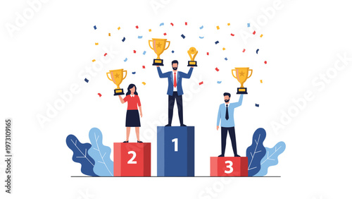 Energetic illustration of three triumphant individuals standing on a winner's podium, holding golden trophies amidst falling confetti, symbolizing success, victory, and top achievement in competition.
