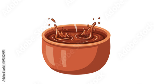 Dynamic splash of rich, dark liquid captured mid-air within a rustic earthenware bowl, suggesting an invigorating beverage or culinary element.