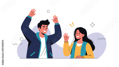 Joyful illustration of a man and a woman happily waving with outstretched hands, symbolizing a warm greeting, welcome, friendly communication, and positive social interaction.
