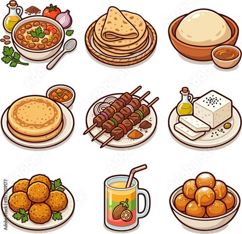 Egyptian cuisine traditional dishes set isolated on white background vector illustration