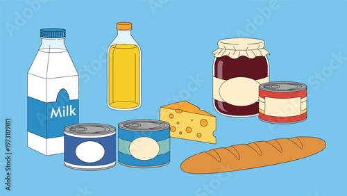Diverse collection of essential grocery items including milk, cooking oil, jam, canned goods, cheese, and bread, symbolizing everyday food, supermarket shopping, and nutrition.