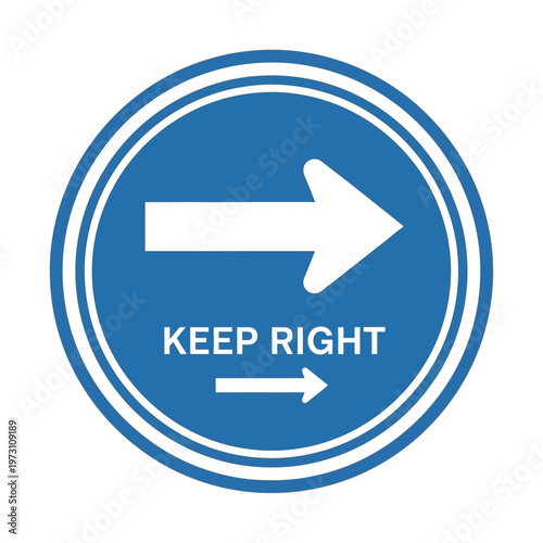 Blue circular sign with white arrow pointing right and text 