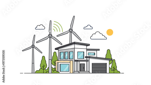 Illustrative vector graphic depicting a modern house with three prominent wind turbines, symbolizing green energy, sustainability, and an eco-friendly approach to residential living.