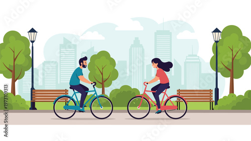 Lively illustration of a man and a woman enjoying a leisurely bicycle ride in a city park, with a vibrant skyline in the background, symbolizing urban lifestyle, exercise, and outdoor recreation.