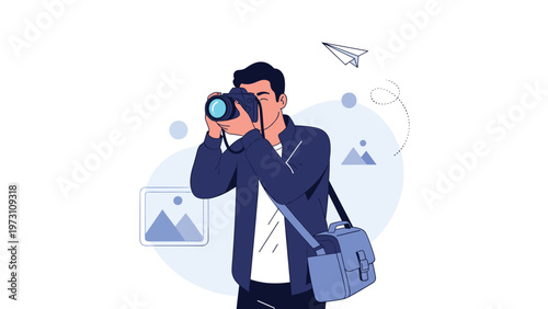 Creative illustration of a man holding a professional camera and taking a picture, surrounded by paper planes and abstract shapes, symbolizing photography, art, and creative media.