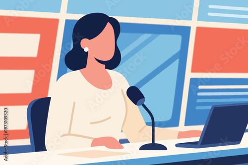 News presenter at desk with microphone and laptop in geometric studio background, stylized vector illustration.