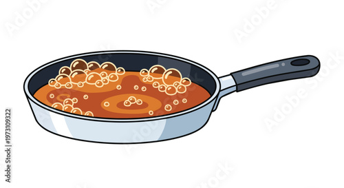 Whimsical illustration of a bubbling sauce simmering in a frying pan, perfect for culinary content and recipe art