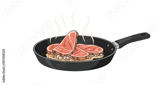 Tender juicy steaks sizzling in a hot pan, releasing fragrant steam as they cook to perfection, a culinary delight.