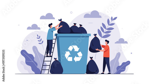 Illustrative vector graphic depicting two men diligently putting trash bags into a large recycling bin, symbolizing waste management, environmental protection, and sustainable practices.