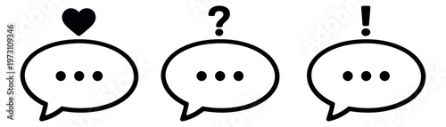 Line art speech bubble icons set featuring a heart, question mark, and exclamation mark symbols for online communication