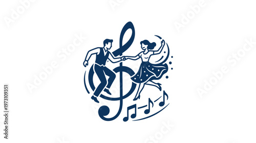 Retro Dancing Couple Silhouette within Treble Clef Emblem