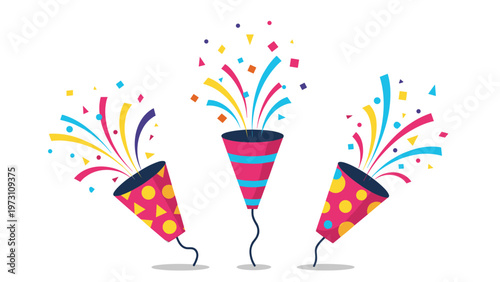 Vibrant illustration of three party poppers exploding with a burst of colorful confetti, symbolizing celebration, joy, happiness, and festive occasions.