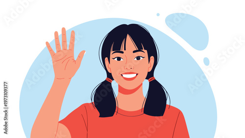 Close-up illustration of a smiling young woman with pigtails, happily waving with an outstretched hand, symbolizing a warm greeting, welcome, and friendly communication.