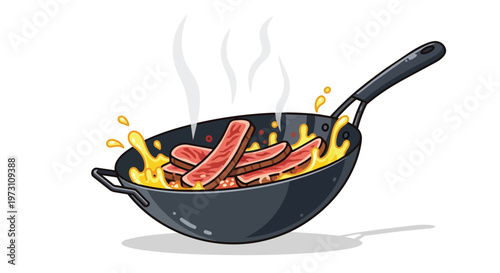 Sizzling beef strips being seared in a hot wok with vibrant yellow oil and rising steam, creating an appetizing culinary scene