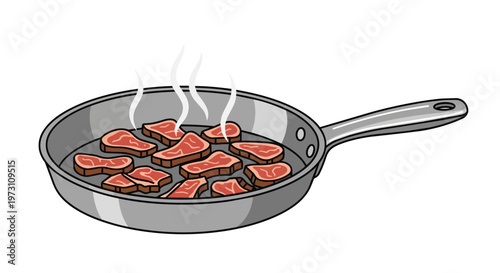 Sizzling Steak Slices in a Frying Pan with Wisps of Steam Rising Creating a Mouthwatering Culinary Scene