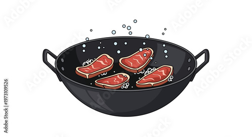 Juicy steaks sizzling in a hot pan with bubbling oil, preparing a delicious culinary meal