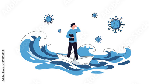 Man navigating a small paper boat through rough waves with virus particles, symbolizing business challenges, crisis management, and resilience.
