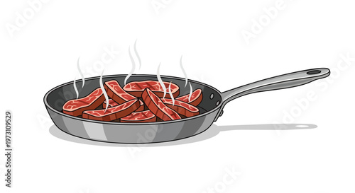 Sizzling steak slices cooking in a non-stick skillet with wisps of steam rising elegantly depicting a mouthwatering culinary preparation process