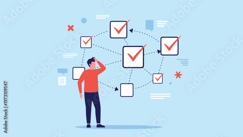 Confused man looking at a complex flowchart with checkboxes, symbolizing problem-solving, decision-making, and navigating complex processes.
