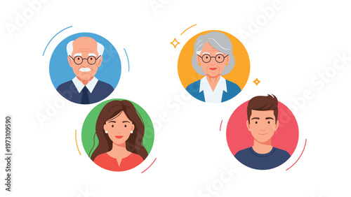 Four diverse generational avatars including elders and young adults, representing family, community, demographics, and social interaction.