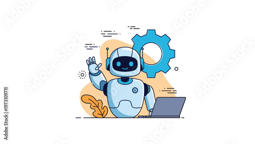 Friendly robot waving and working on a laptop with a gear in the background, symbolizing artificial intelligence, automation, and technology.