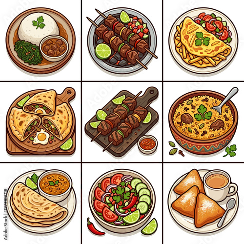 Set of traditional East African Swahili food dishes vector illustration