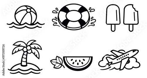 Hand drawn summer vacation set featuring a beach ball, life buoy, popsicles, palm tree, watermelon, and airplane for holiday planning