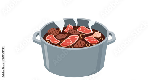 Hearty Stew Simmering with Tender Meats and Aromatic Vegetables in a Cooking Pot