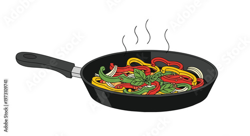 Colorful Sliced Bell Peppers and Onion Stir-Frying in a Skillet with Fresh Basil