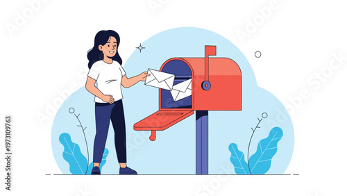 Woman sending letters into a vintage mailbox, symbolizing communication, correspondence, mail service, and traditional messaging.
