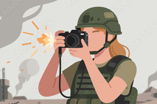 War photographer in green helmet and tactical vest taking photo in smoky battlefield, stylized vector illustration.