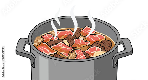 A steaming pot filled with appetizing cuts of meat and broth, signaling a delicious and warming meal in preparation