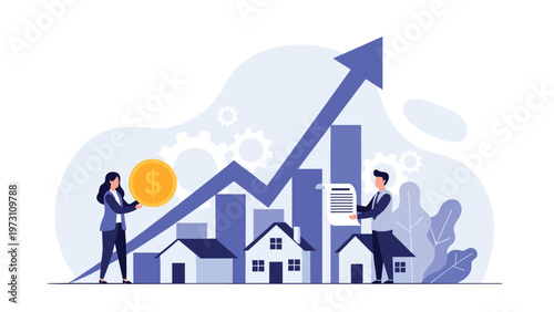 Business people, houses, and an upward trending bar chart, illustrating real estate investment, property market growth, and financial success.