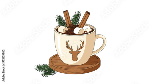 Festive mug of hot chocolate with marshmallows and spices, symbolizing winter drinks, comfort, holiday season, and cozy moments.