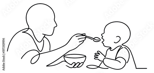 Hand drawn line art illustration of a parent and baby depicting feeding with a spoon for baby care concepts