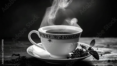 A cup of tea with steam, on a saucer with leaves, in monochrome