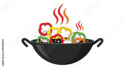 Vibrant Sliced Bell Peppers and Onions Simmering in a Wok with Steaming Heat