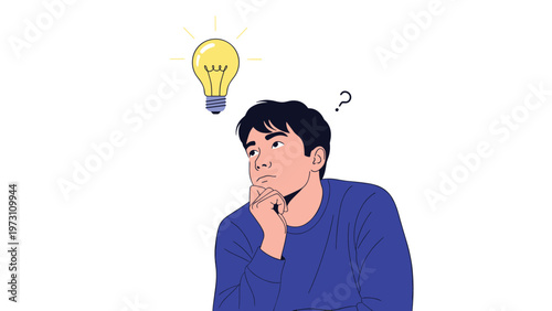 Man thoughtfully pondering with a lightbulb above his head, symbolizing new ideas, problem-solving, creativity, and inspiration.