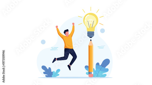Happy man jumping next to a giant pencil and a lightbulb, symbolizing creativity, inspiration, writing, and successful ideas.
