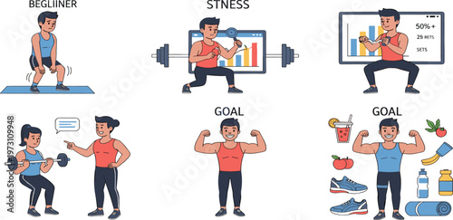 Fitness Training Journey Illustration Set Featuring Beginner Exercises, Strength Training, Coaching Guidance, Goal Achievement, and Healthy Lifestyle Progress for Workout Design