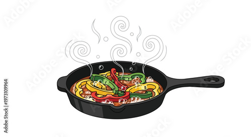 Sizzling Bell Peppers in a Cast Iron Skillet Releasing Aromatic Steam, A Wholesome Culinary Creation