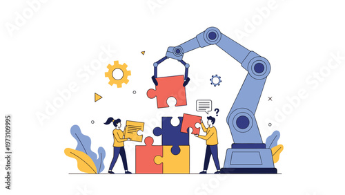 Robotic arm assisting people in assembling a giant puzzle, symbolizing automation, teamwork, problem-solving, and future technology.